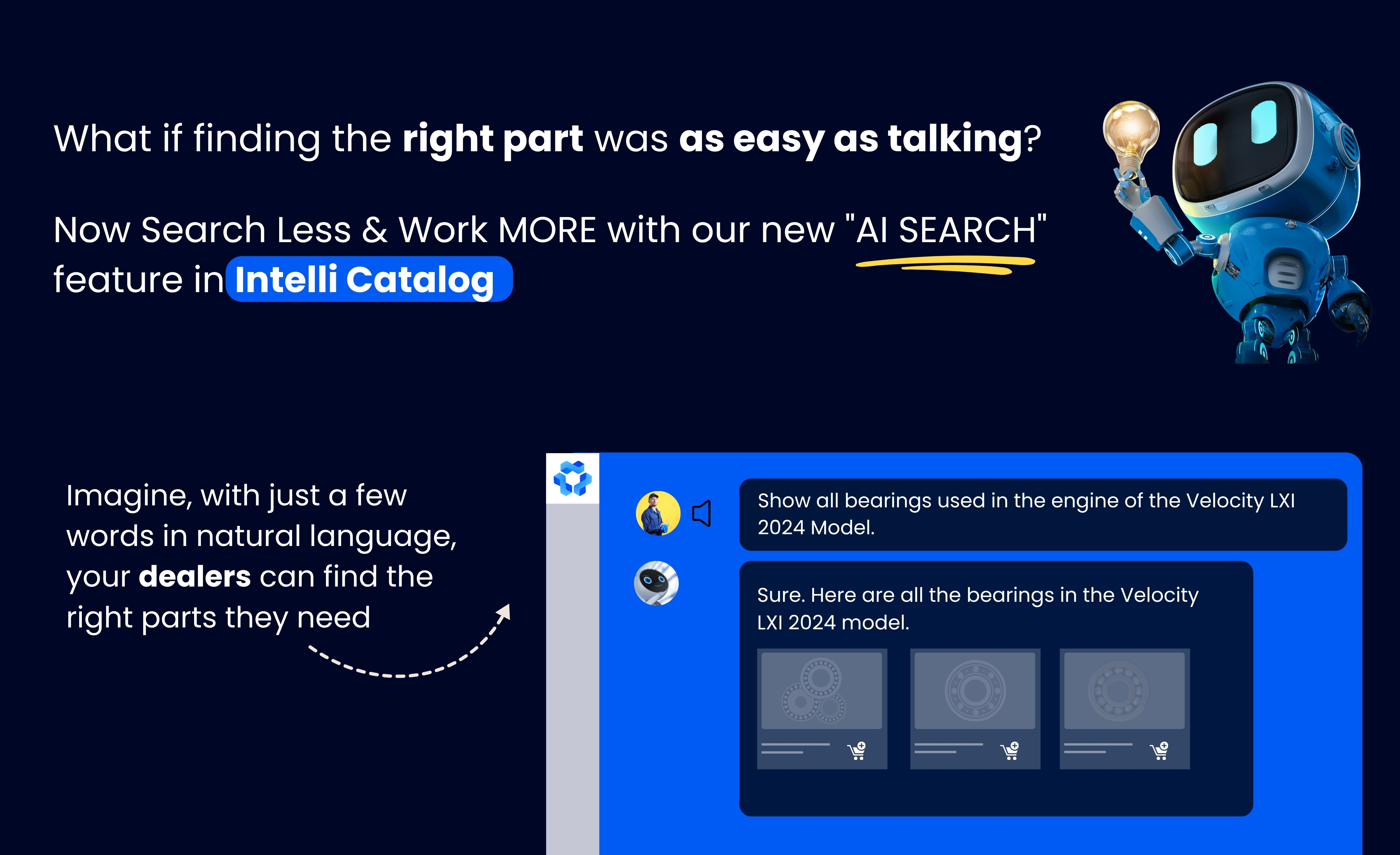 Intelli Catalog's AI Search feature showing how dealers and technicians can search spare parts using voice search.