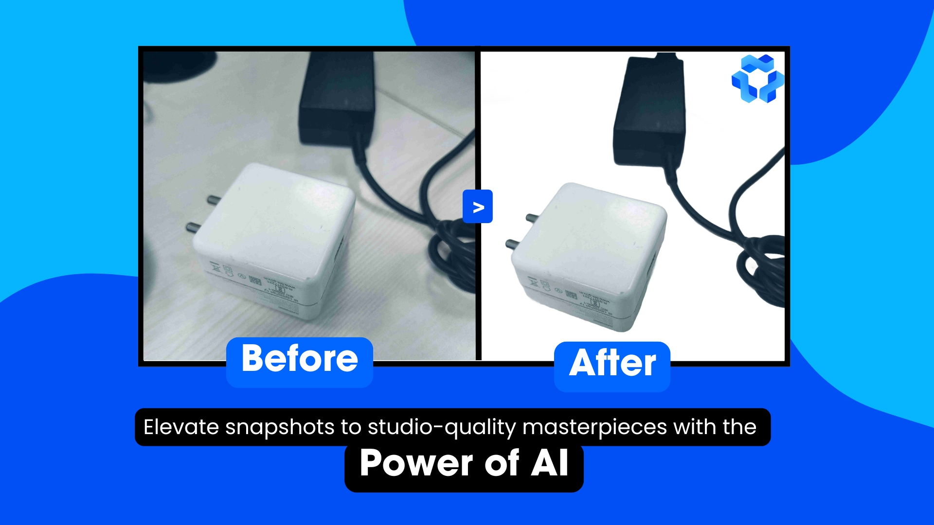 Before and after images of a white power adapter, the after image is clearer with a white background, using the MagicPic feature.
