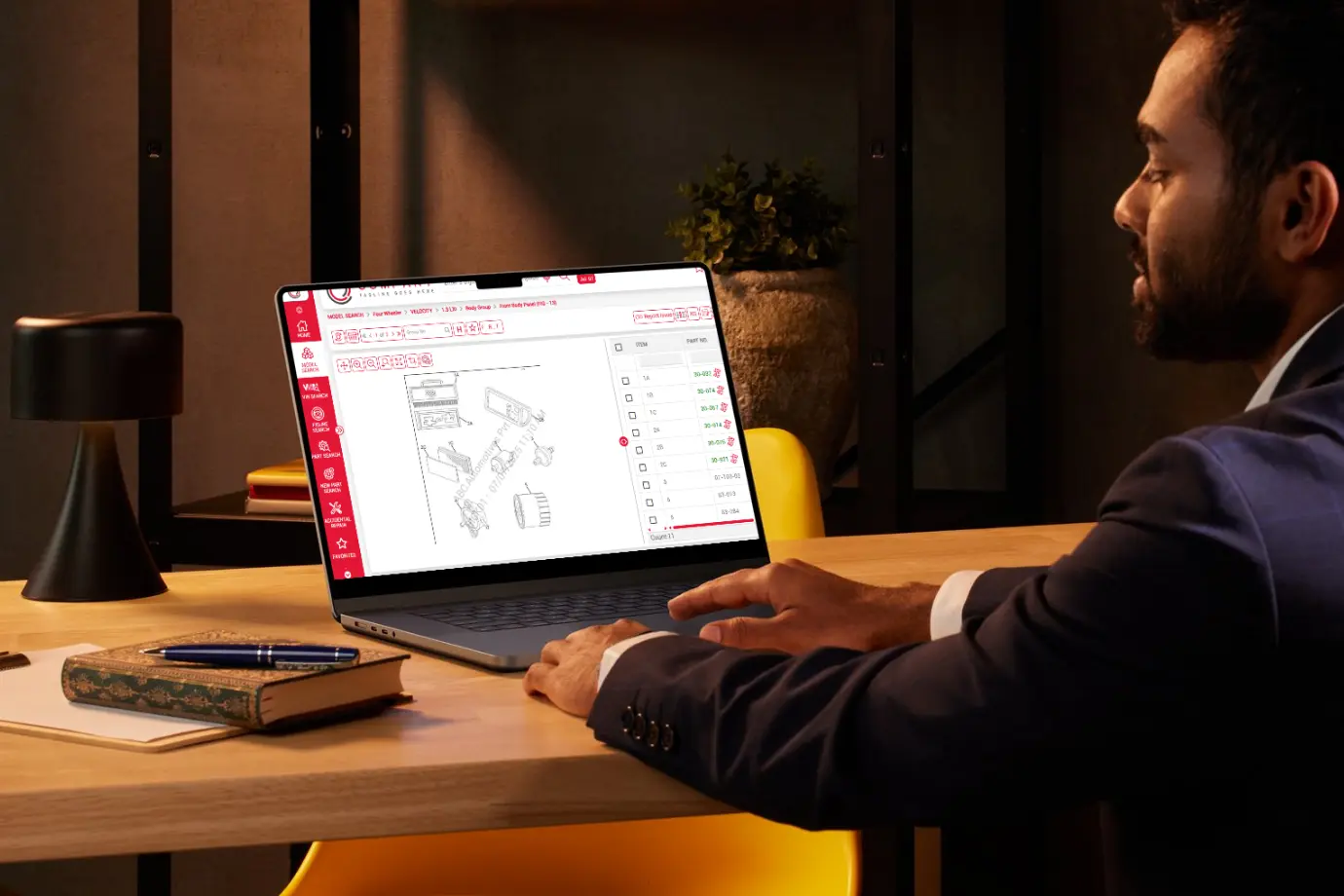 User exploring Intelli Catalog software with smart search and part visualization tools