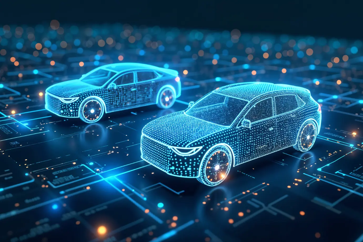 Smart car surrounded by tech icons, depicting the concept of software-driven automotive systems