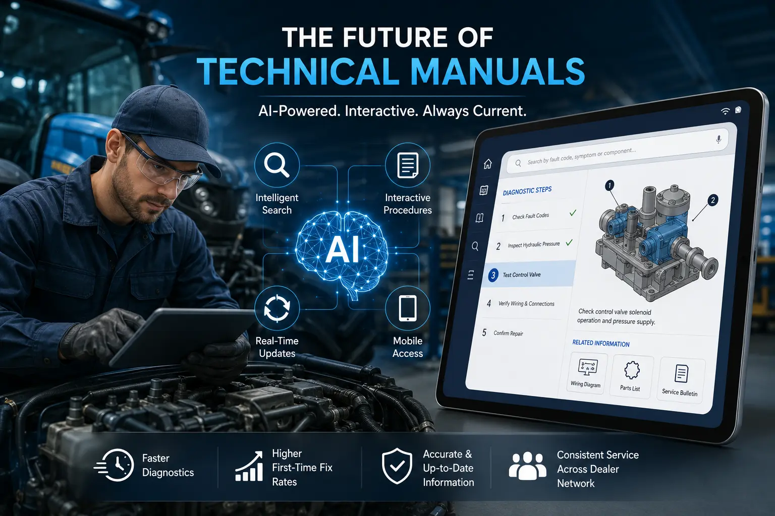 Interactive technical manual displaying guided repair procedures and diagnostics