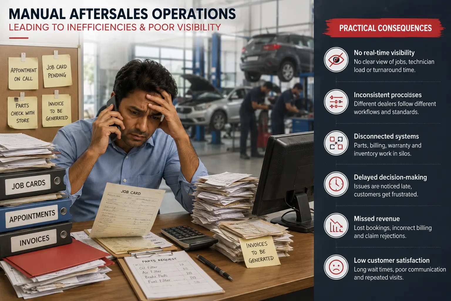 Manual dealership aftersales workflow with paper job cards and disconnected systems