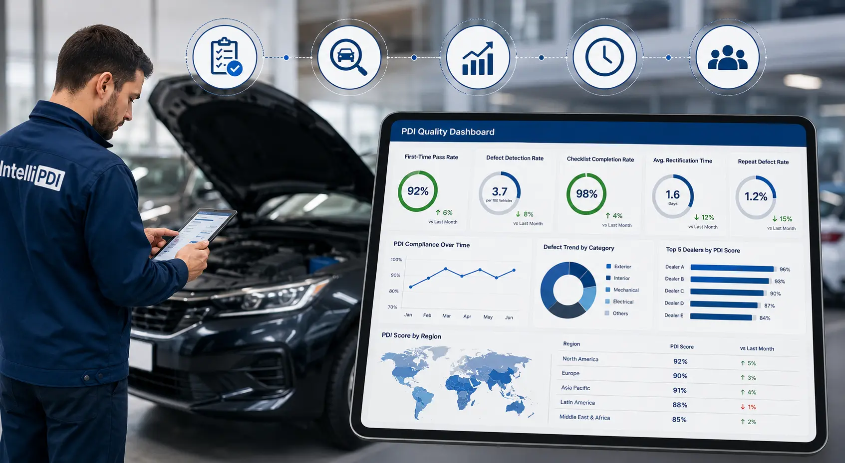 Technician performing a digital pre-delivery inspection using a tablet before vehicle handover
