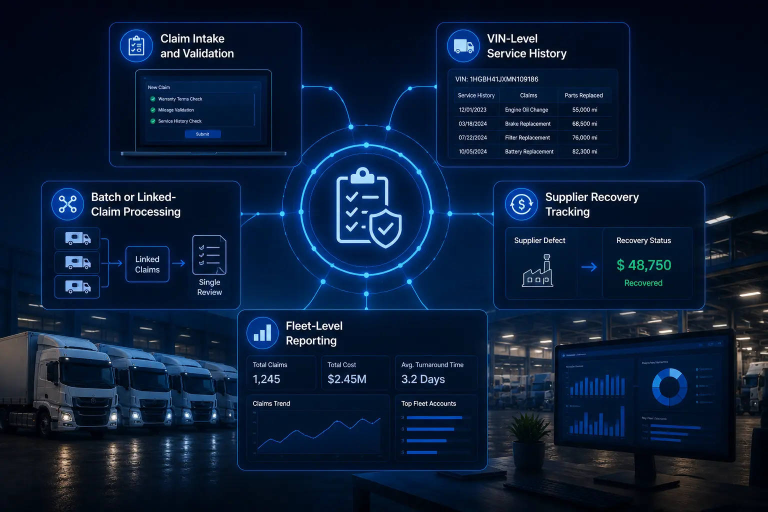 Fleet warranty management workflow with claim validation, VIN history, and supplier recovery