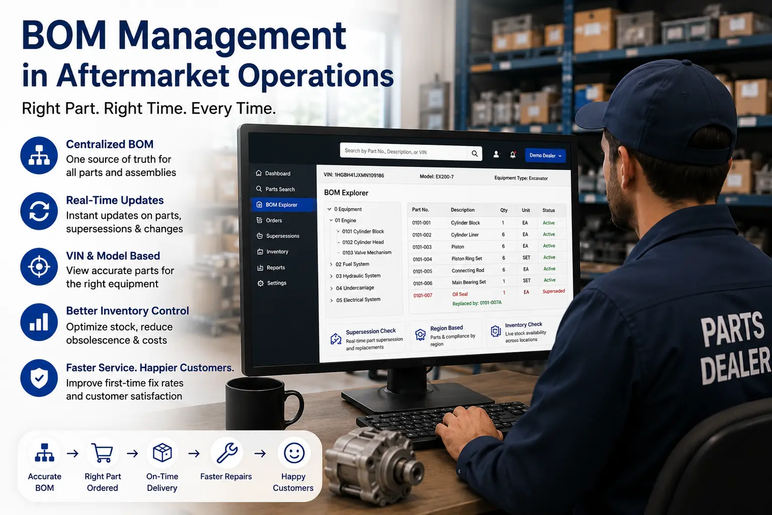 Technician accessing BOM management software to identify the correct spare part using VIN.