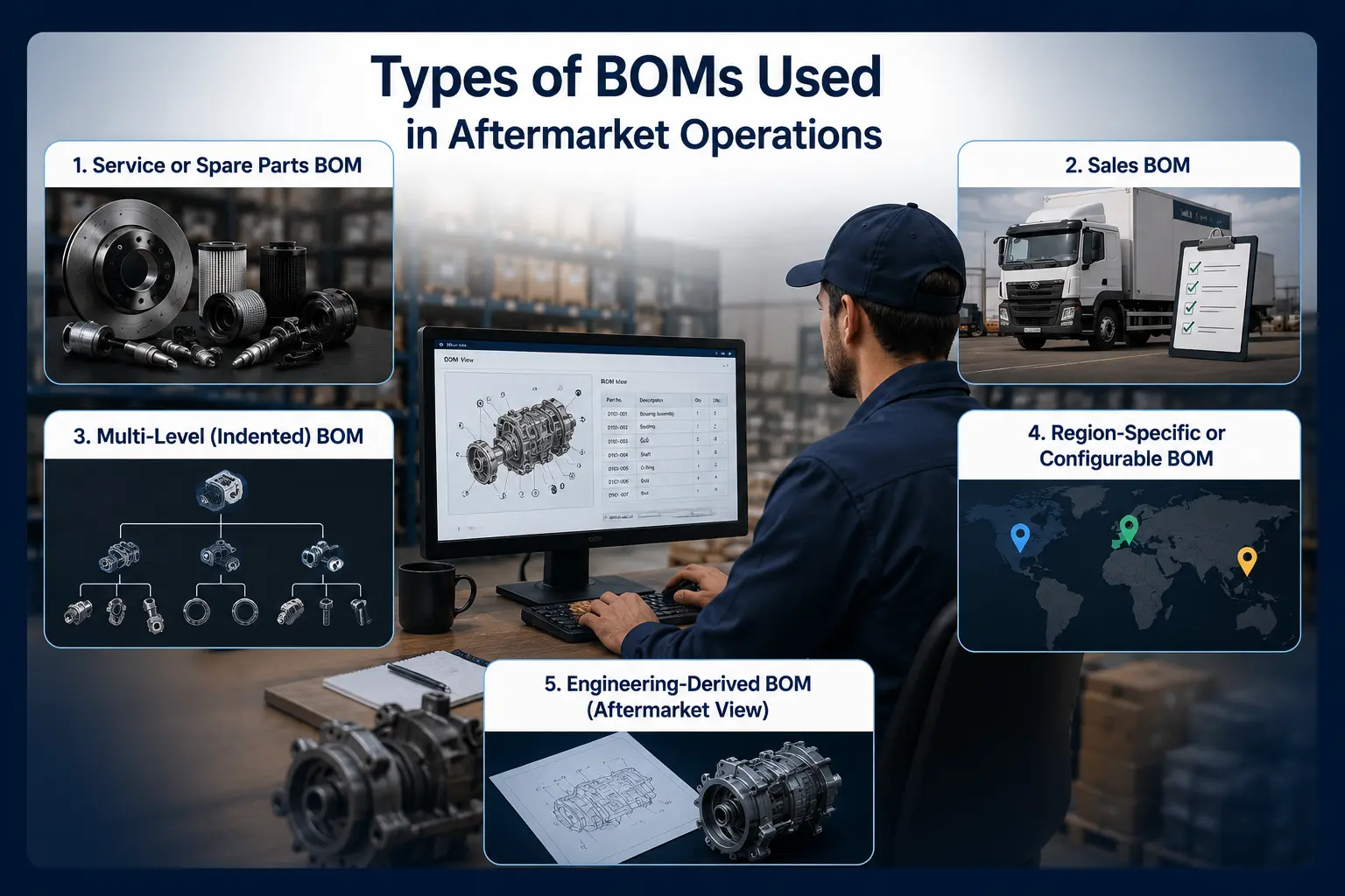 Different types of aftermarket BOM including service, sales, multi-level, and region-specific BOM.