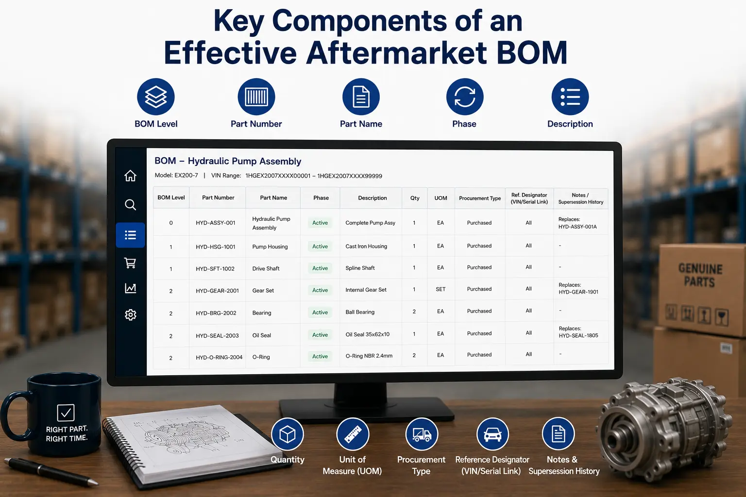 Structured aftermarket BOM showing part numbers, quantities, supersessions, and hierarchy.