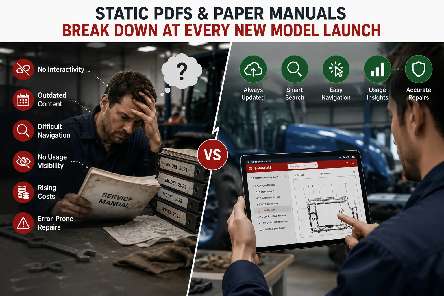 Comparison of outdated PDF manuals versus interactive digital technical manuals