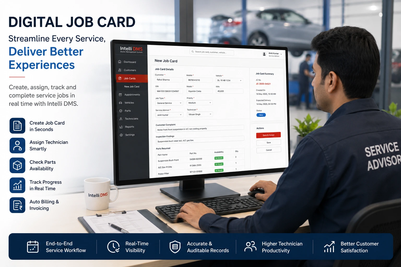 Electronic job card with customer details, parts, technician assignment, and repair status