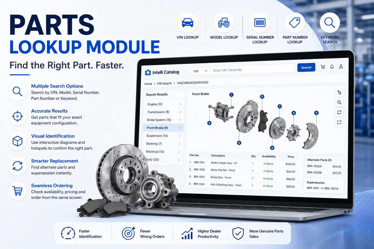 Parts lookup module showing VIN, model, and part number search