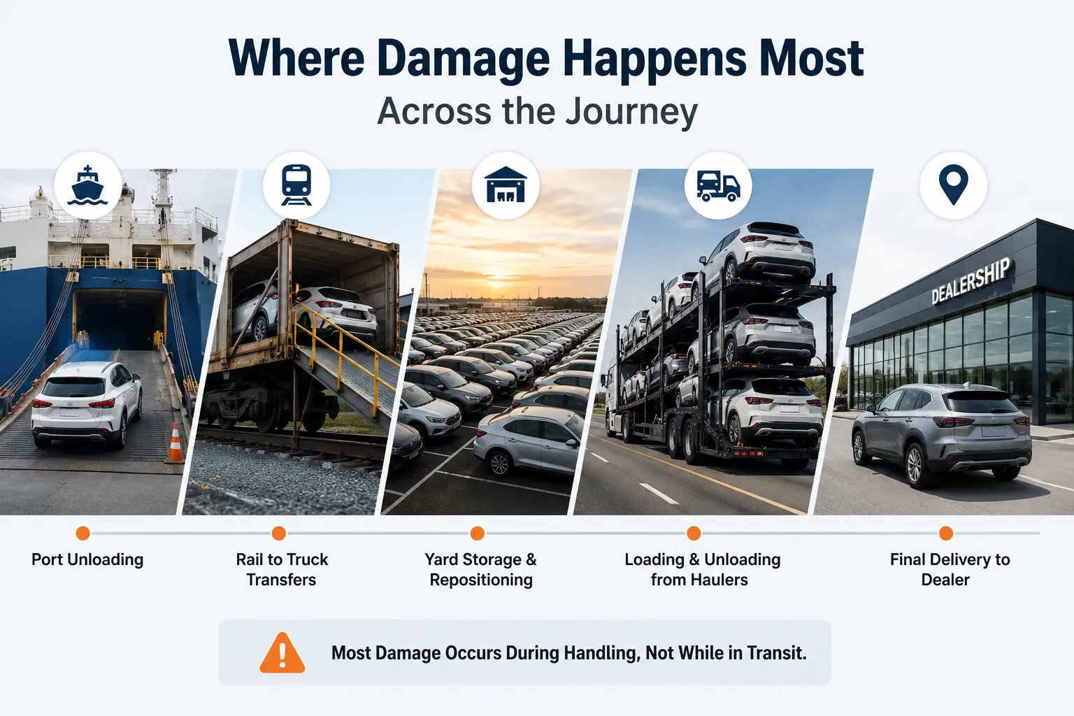 Vehicle damage inspection during port unloading rail transfer and transportation