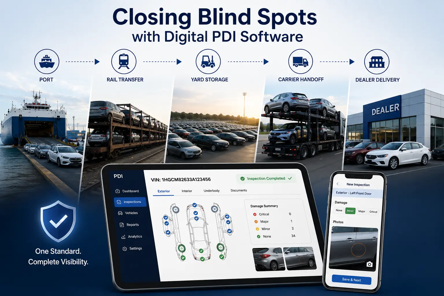 Digital PDI software creating VIN-level vehicle inspection records across logistics handoffs