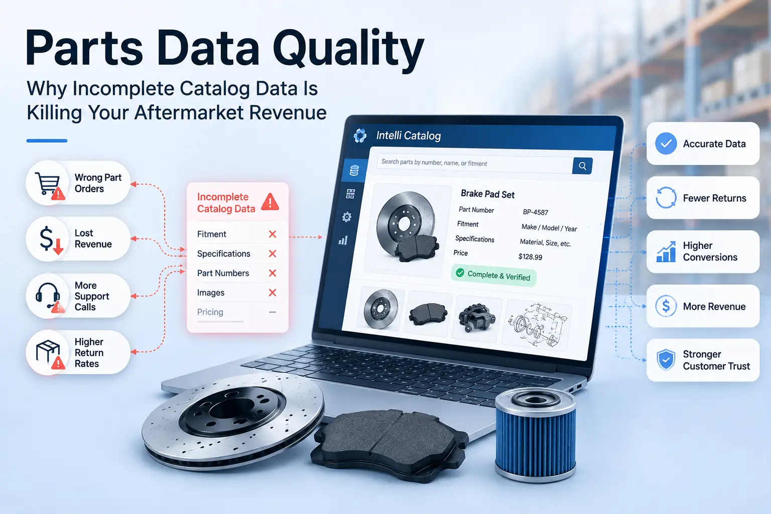 Structured parts catalog data with fitment, specifications, and part numbers