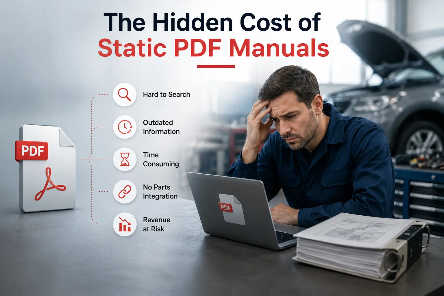 Technician searching static PDF service manual for repair information