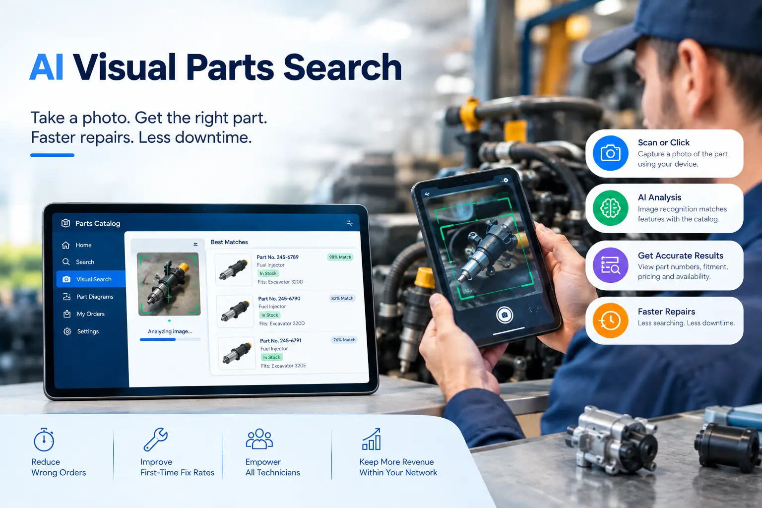 Technician using AI visual search to identify a mechanical part from a smartphone photo