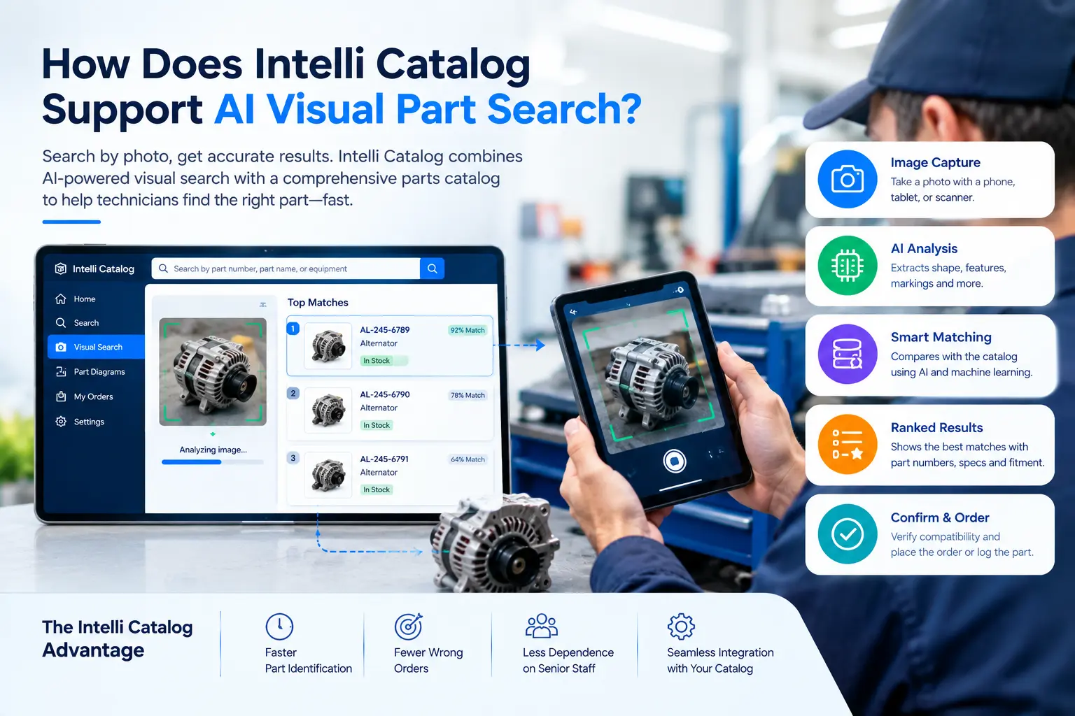 Intelli Catalog visual search matching a spare part photo with part number fitment and inventory details