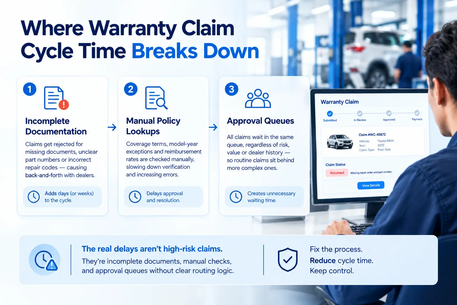 Warranty claim workflow showing documentation, policy and approval bottlenecks