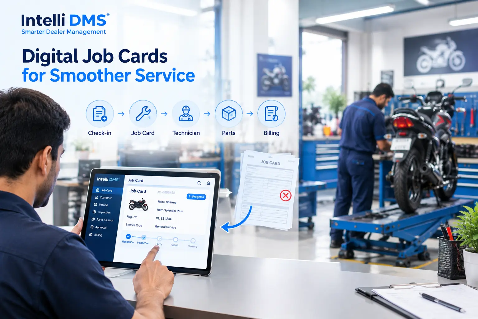 Intelli DMS digital job card connecting two-wheeler service advisors and technicians
