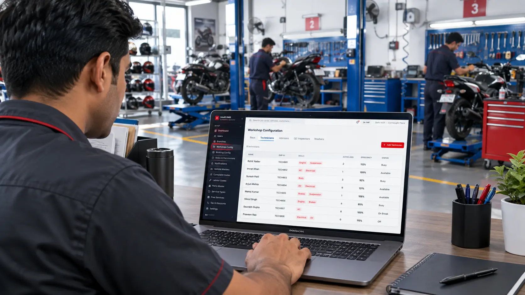 Intelli DMS workshop dashboard showing real-time technician and bay scheduling