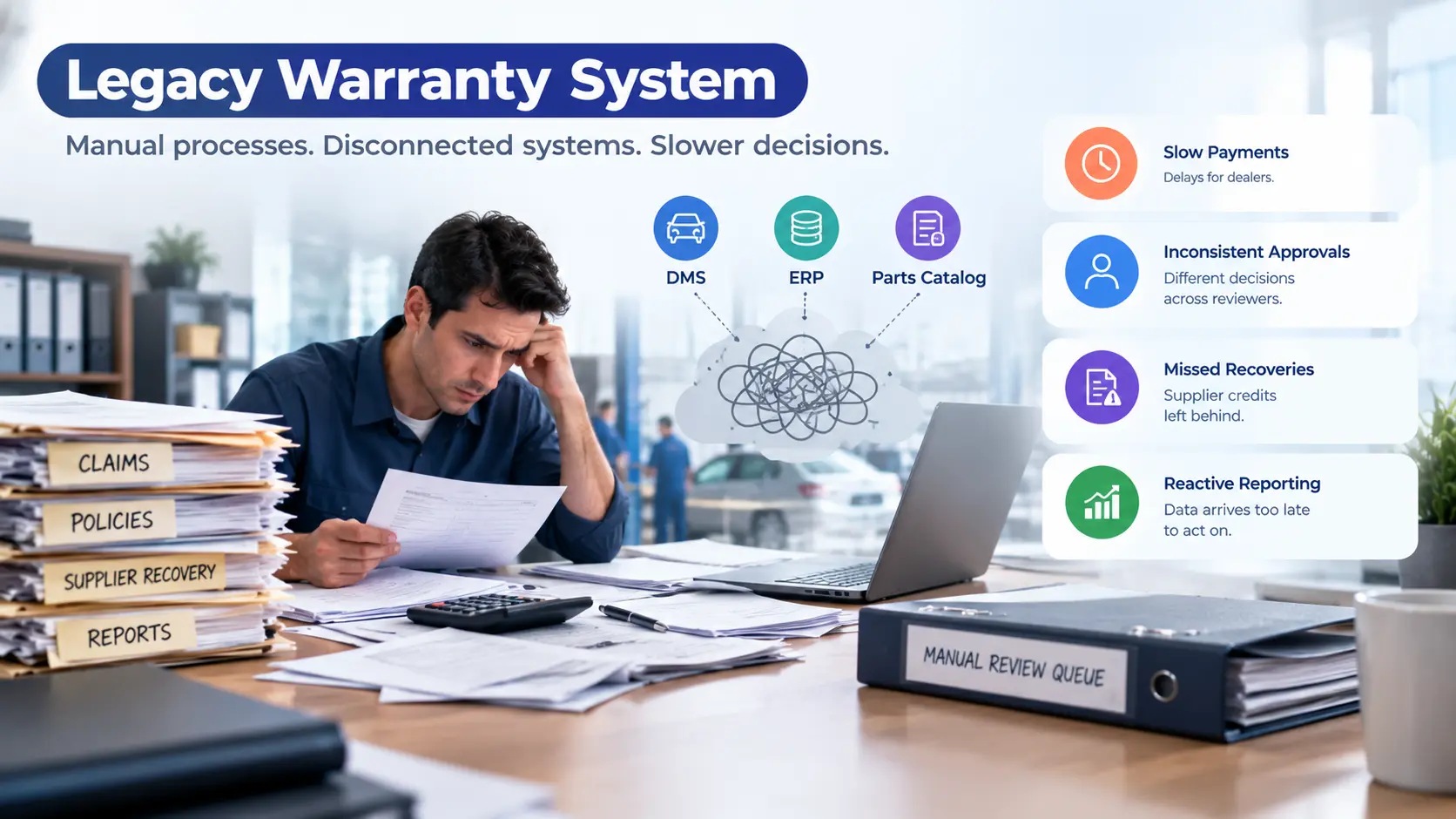Legacy automotive warranty system with manual claims and disconnected data