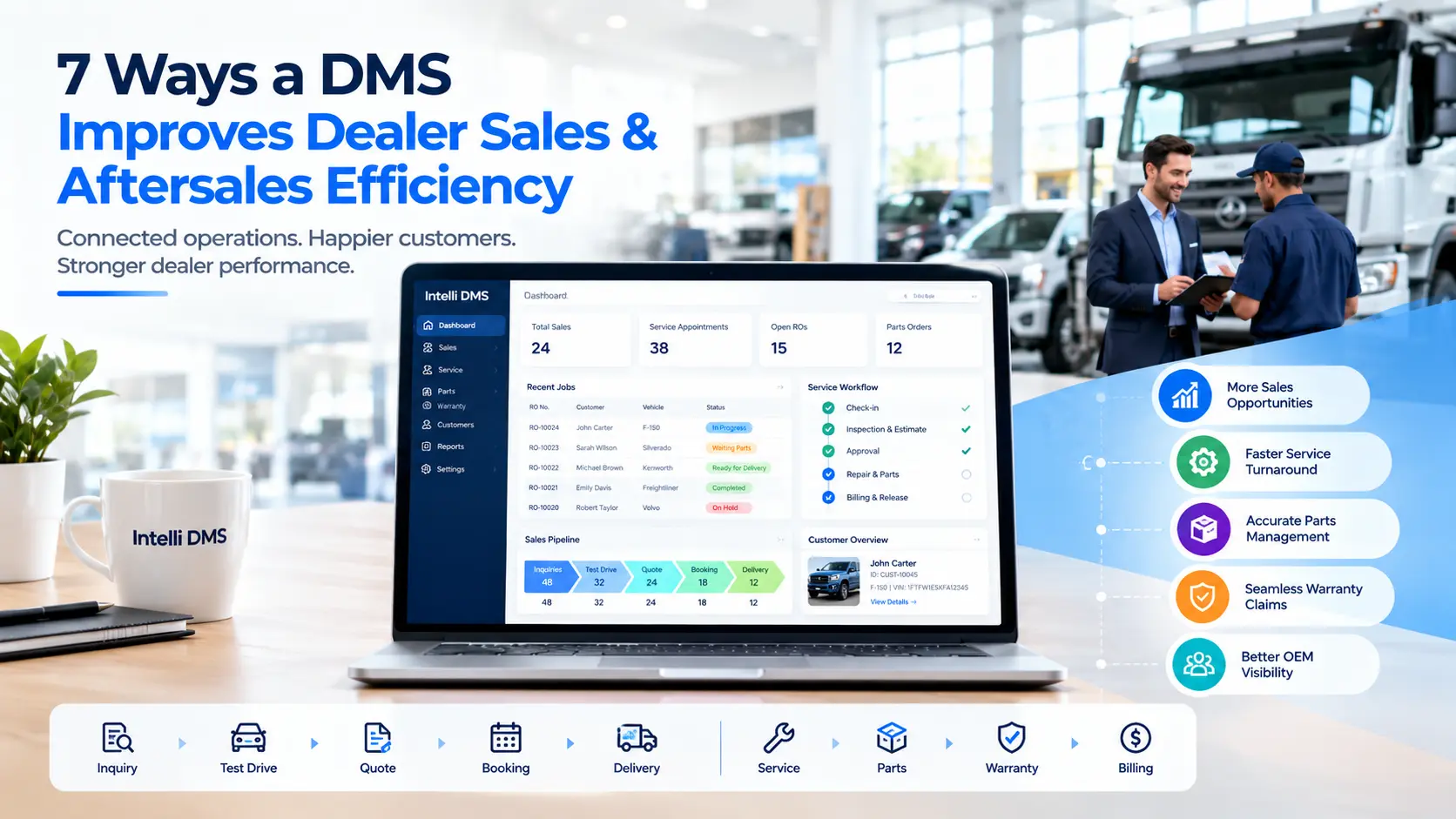 Digital DMS connecting dealer sales, service, parts, warranty, and billing