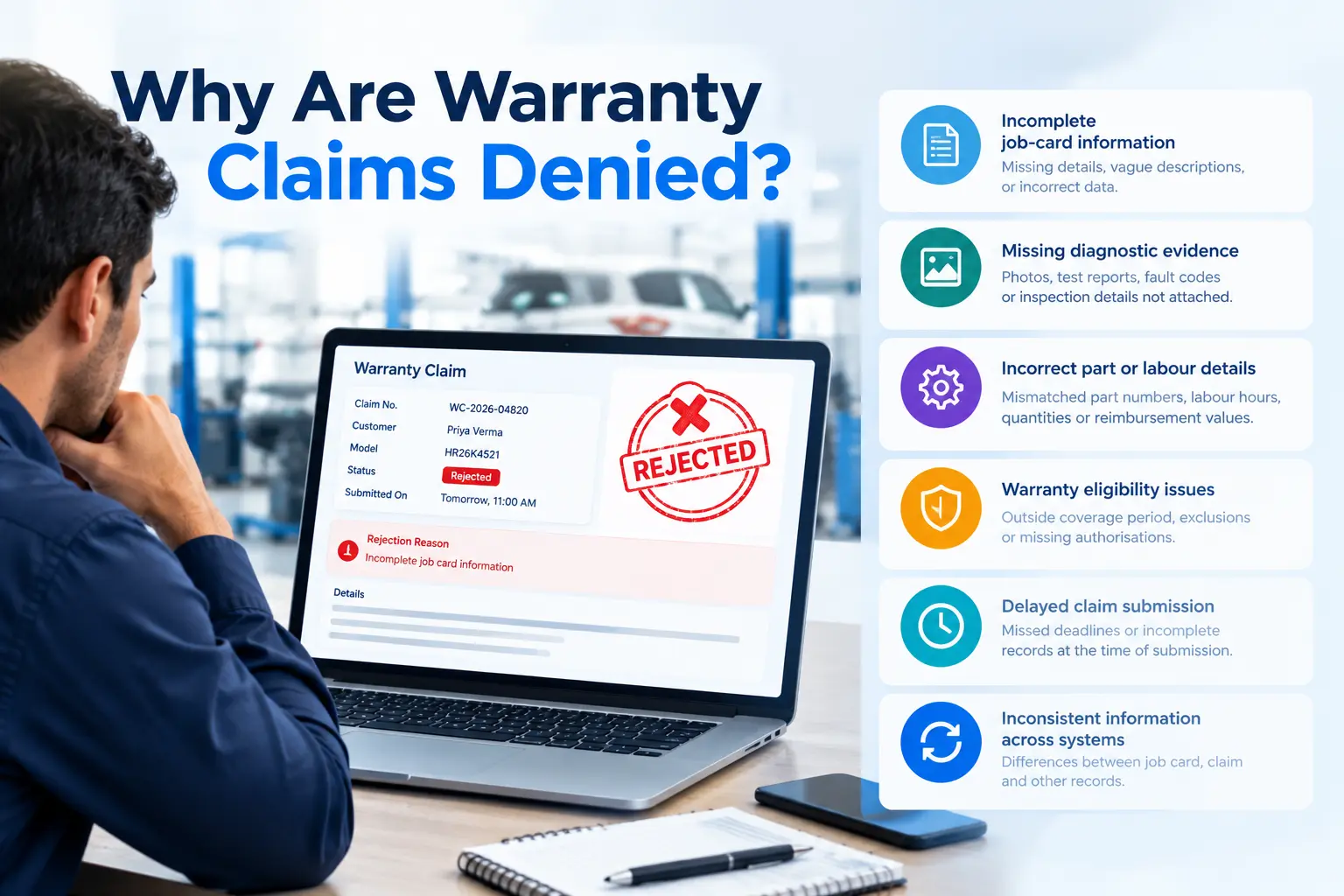 Common causes of warranty claim rejections, including missing documents and incorrect repair details