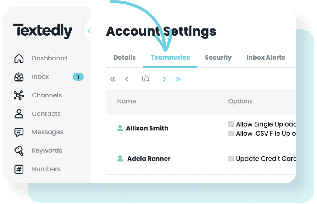 Teammates tab in the Account Settings section of Textedly’s dashboard.