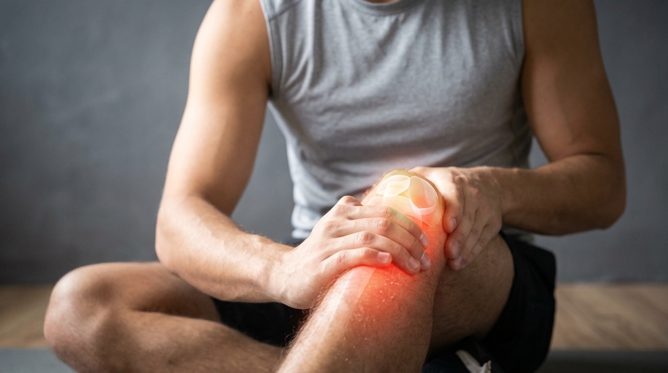 Mann sitzt am Boden und hält sich schmerzhaft das Knie – Symptom eines Kreuzbandrisses