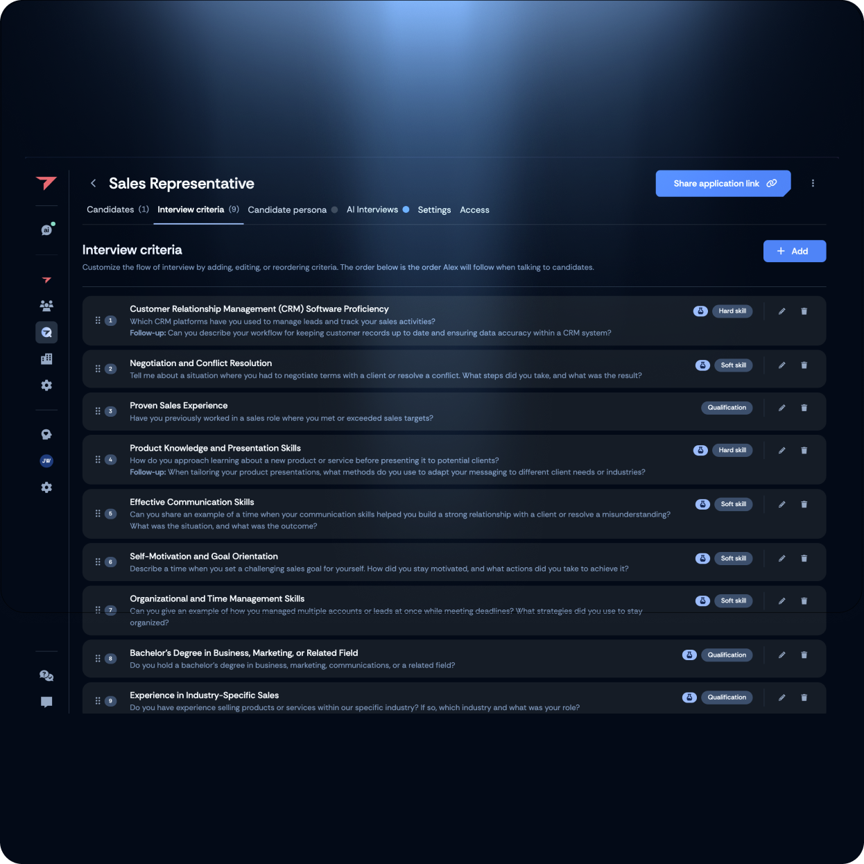 Dashboard screen showing Smart Interview Design criteria for a Sales Representative role.