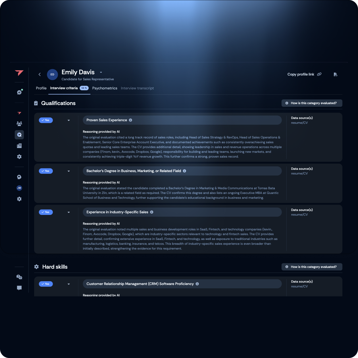 AI-powered resume screening view showing candidate qualifications and evaluation reasoning.