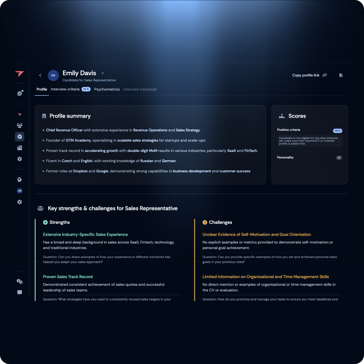 Comprehensive candidate report highlighting profile summary, evaluation scores, strengths, and challenges.
