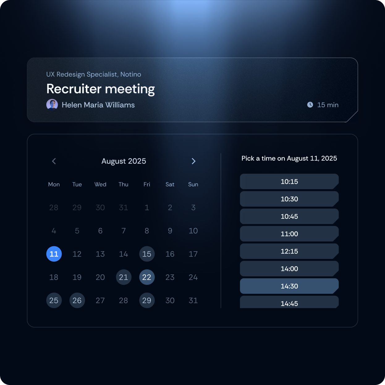 Interview scheduling interface with calendar and time slot selection for recruiter meeting.