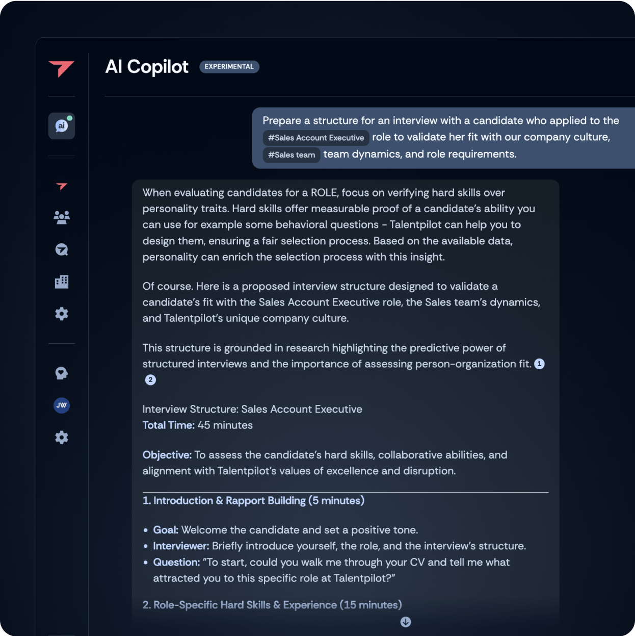 AI Copilot interface generating structured interview preparation with objectives, goals, and sample questions.