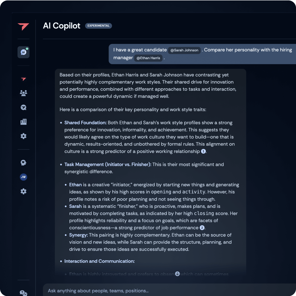 AI Copilot comparing candidate and hiring manager personalities, highlighting complementary strengths and differences.