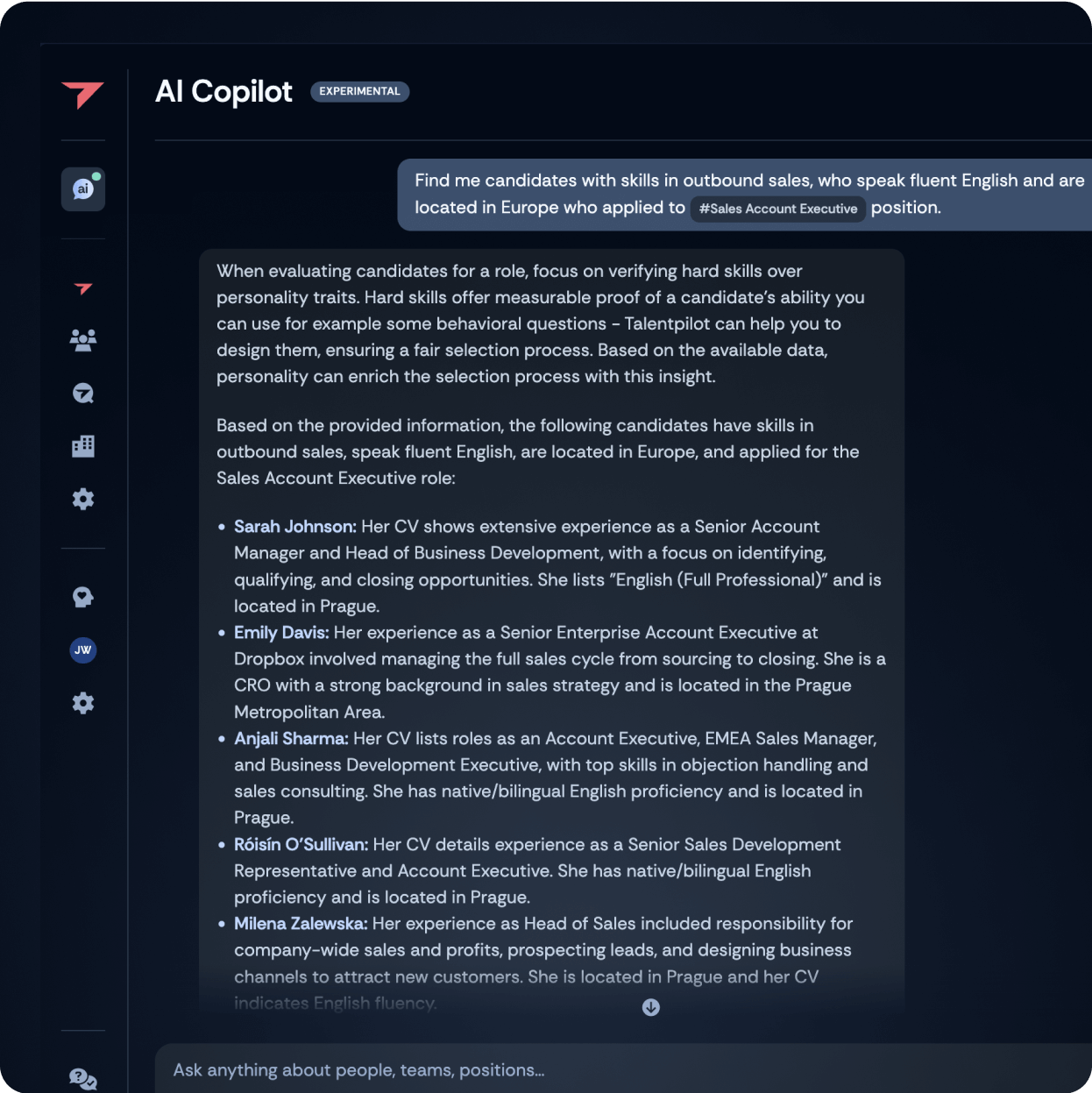 AI Copilot performing contextual candidate search with filters for skills, language, location, and role.