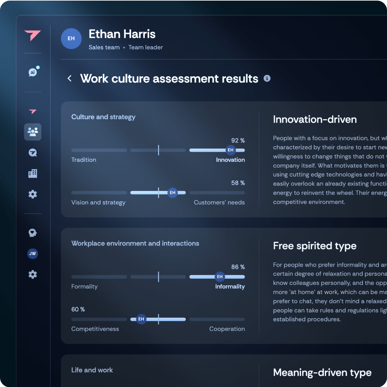 Work culture assessment dashboard displaying scores, traits, and insights on cultural fit.