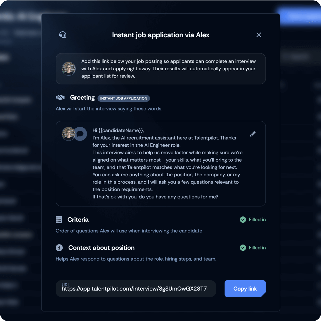 Instant job application setup showing AI assistant greeting, interview criteria, position context, and shareable link.
