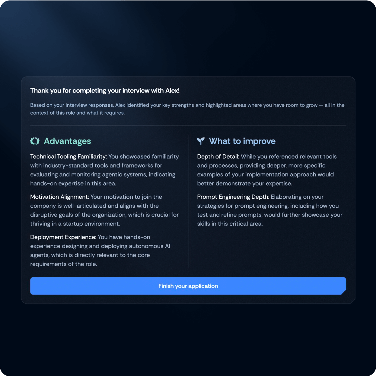 AI-generated interview feedback highlighting candidate strengths and areas for improvement in real time.