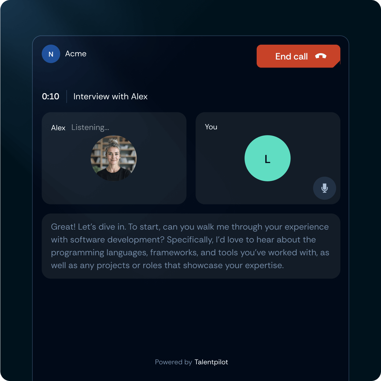 Live interview interface showing video call with candidate and real-time conversational prompts.