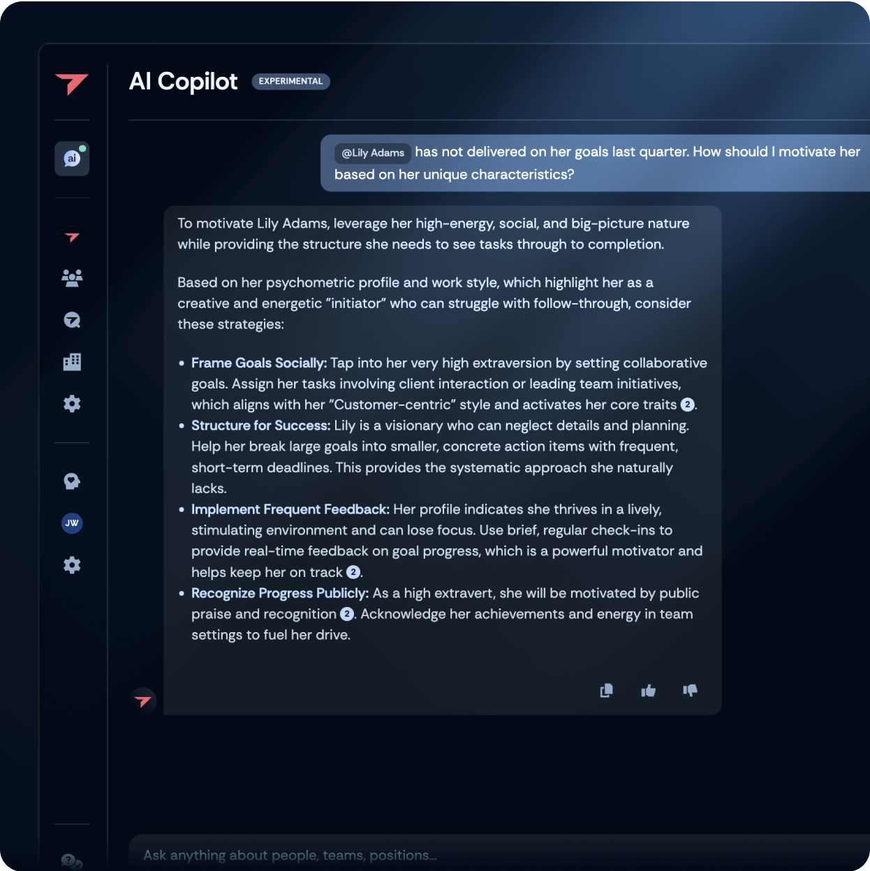 AI Copilot providing hyper-personalized management tips to motivate an employee based on psychometric profile and work style.