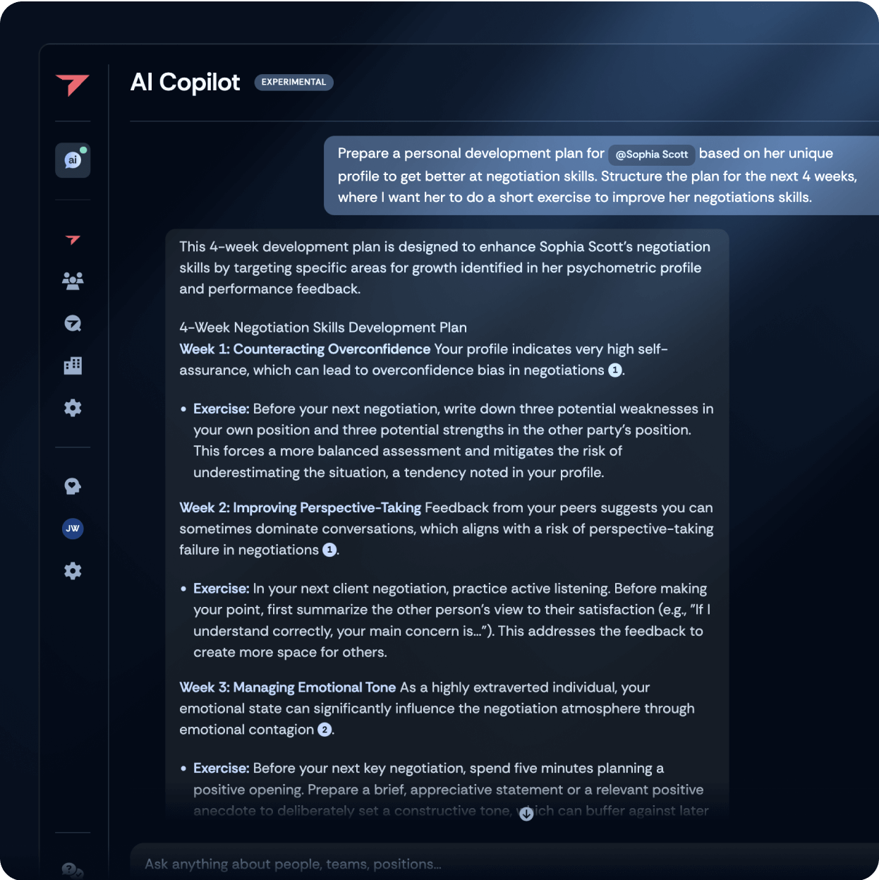 AI Copilot generating a 4-week personalized development plan with structured exercises to improve negotiation skills.