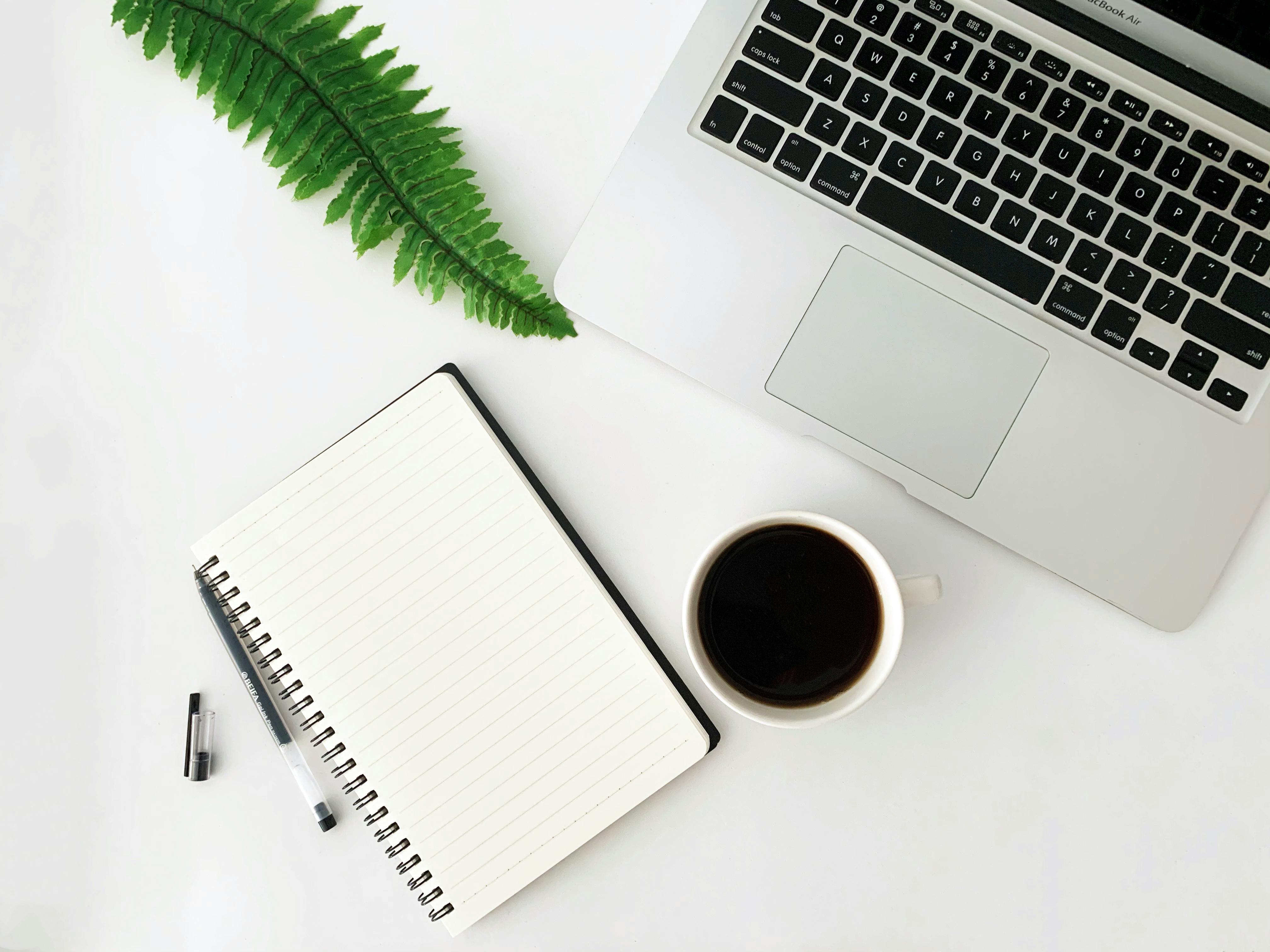 A minimalist white-desk flat lay featuring a laptop, blank spiral notebook with pen, black coffee in a mug, and a green fern leaf.