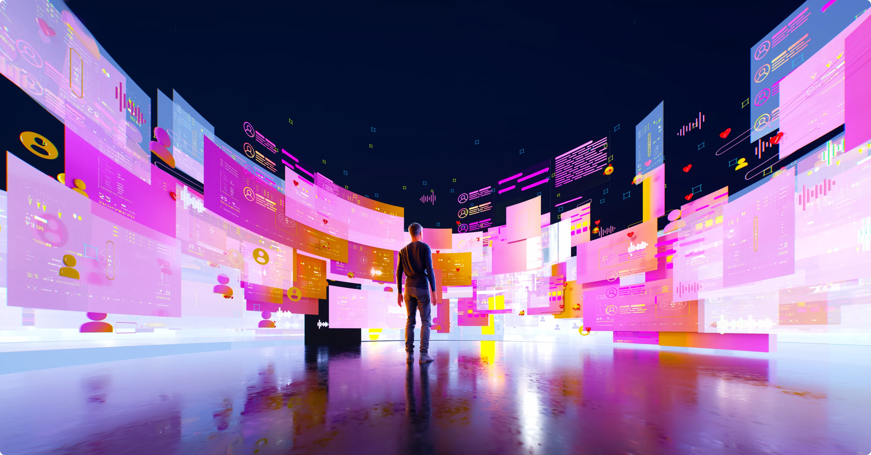 Person in a virtual environment with screens