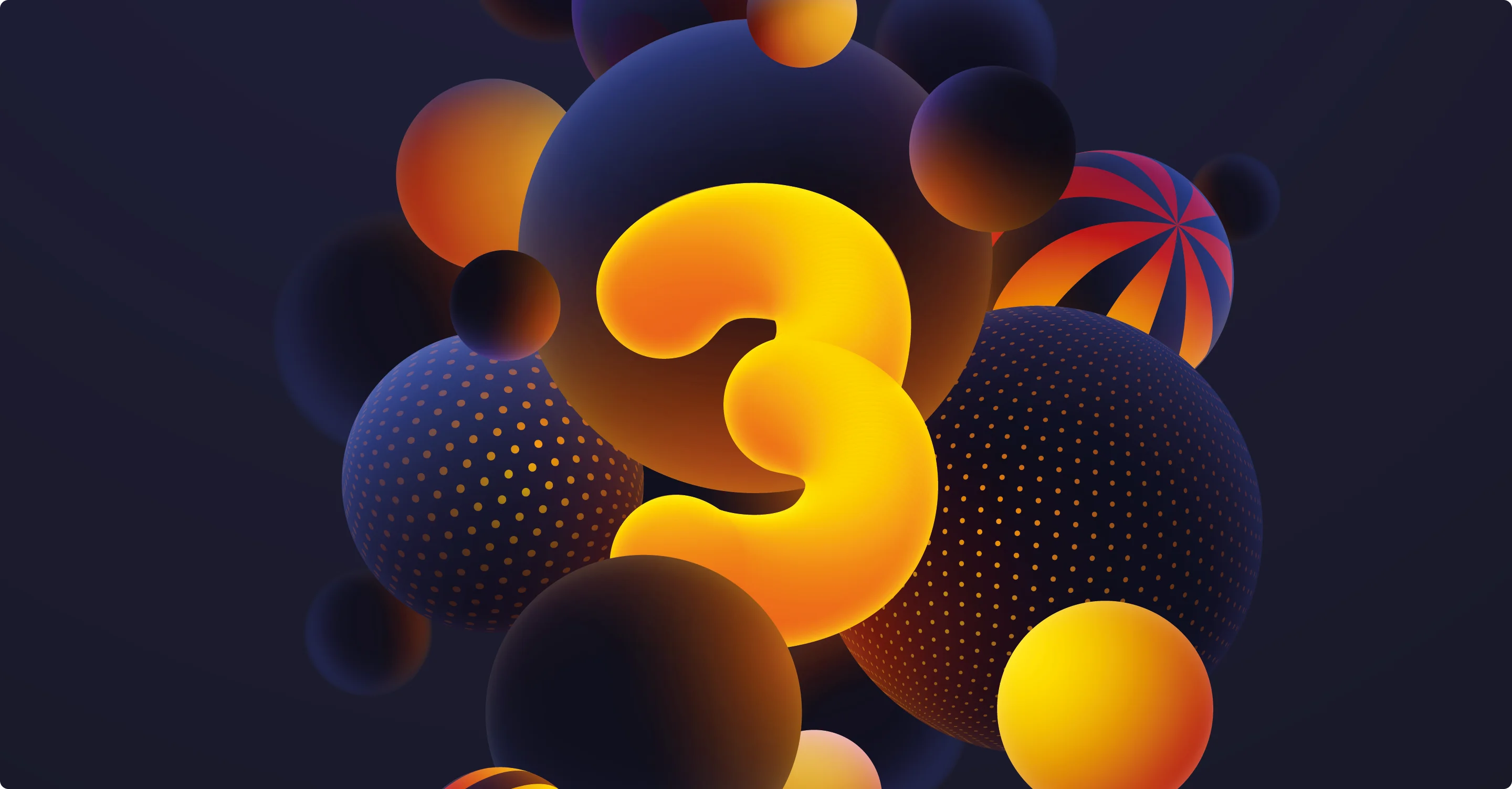 Een gloeiend cijfer 3 omgeven door abstracte bollen