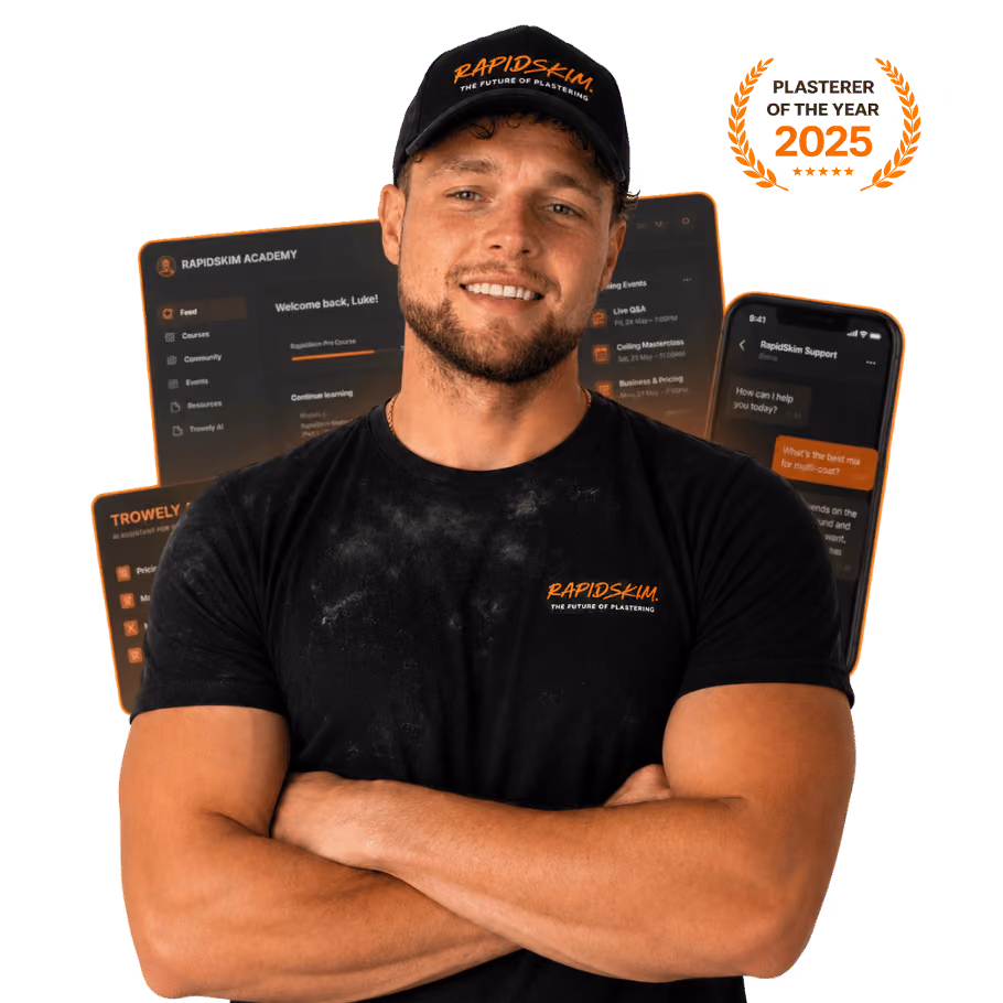 Smiling man in black RapidSkim shirt and cap stands with arms crossed, with app screens and award logo behind.
