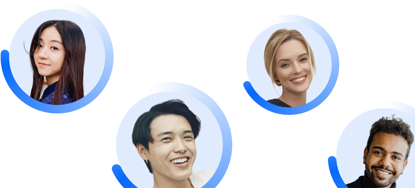 Four diverse young adults smiling with blue circular backgrounds behind their faces.
