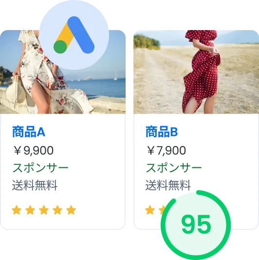 Two product cards showing women’s dresses with prices ¥9,900 and ¥7,900, labeled as sponsored with free shipping and star ratings. One dress is white with floral patterns, the other is red with white polka dots.