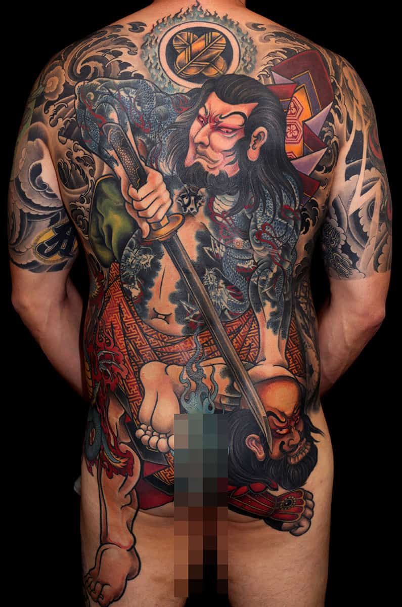 Japanese samurai warrior back tattoo with armor design in color