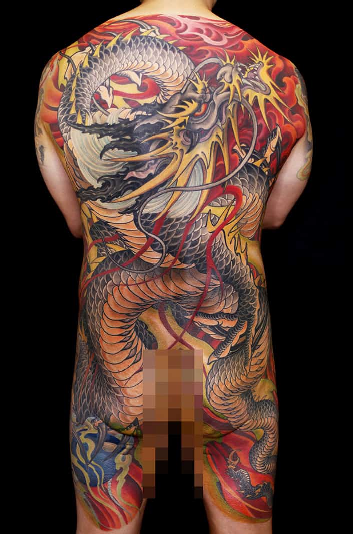 Japanese dragon full back tattoo in traditional irezumi style