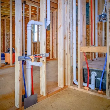 Interior view of plumbing installed during framing.